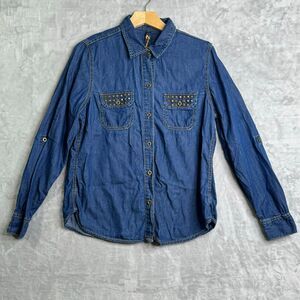 Seven7 Chambray Shirt Girls Large Dark Wash Studded Pockets Long Sleeve
